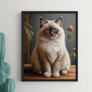 Regal Ragdoll Cat Portrait Fluffy Blue Eyed  Poster