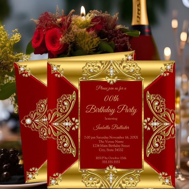 Regal Red Add Age Birthday Party Gold Diamond gem Invitation (Creator Uploaded)
