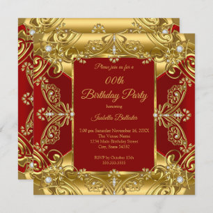 Regal Red Birthday Party Ornate Gold Faux Diamonds Invitation