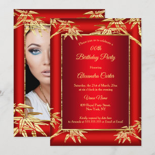 Regal Red Gold Bamboo photo Birthday Party Invitation