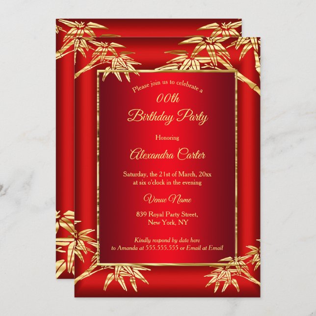 Regal Red Gold Bamboo photo Birthday Party Invitation (Front/Back)