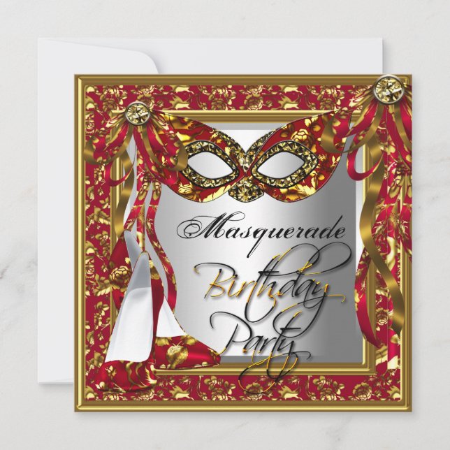 Regal Red Gold Damask Birthday Masquerade Party Invitation (Front)