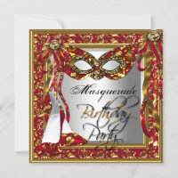 Regal Red Gold Damask Birthday Masquerade Party
