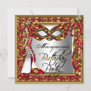 Regal Red Gold Damask Birthday Masquerade Party Invitation