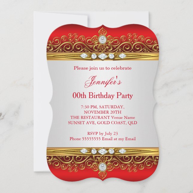Regal Red Gold White Diamond Birthday Party Invitation (Front)