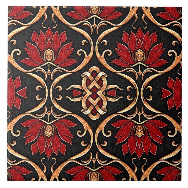 Regal Red Lotus & Golden Filigree Pattern Ceramic Tile (Front)