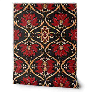 Regal Red Lotus & Golden Filigree Pattern Wallpaper