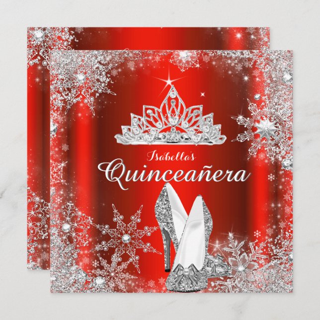 Regal Red Quinceanera Silver Tiara 15th Birthday Invitation (Front/Back)