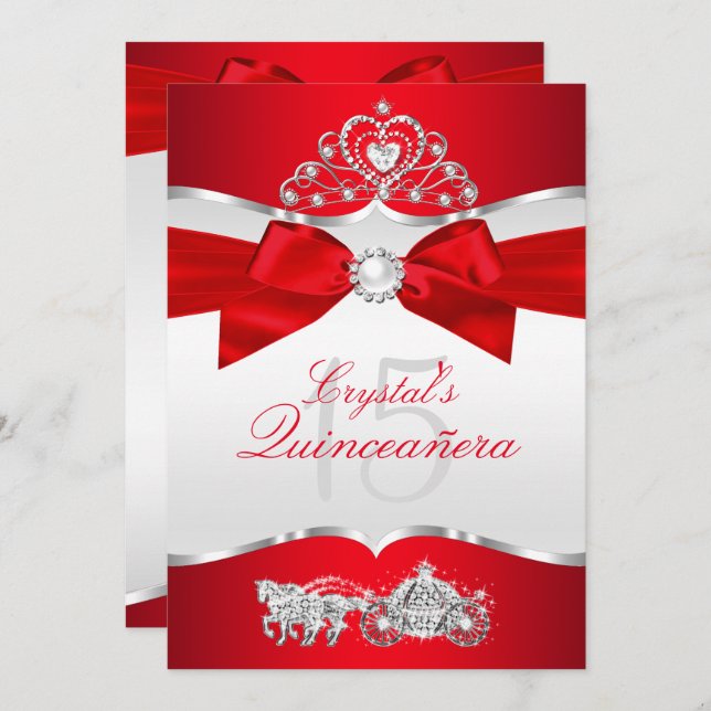 Regal Red Silver Tiara Pearl Bow Quinceanera Invitation (Front/Back)