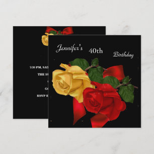 Regal Red Yellow Rose 40th Birthday Party Black Invitation