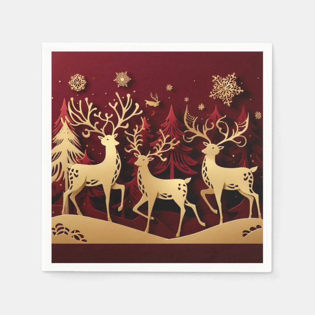 Regal Reindeer Ensemble – Paper-Cut Forest Napkin (Front)