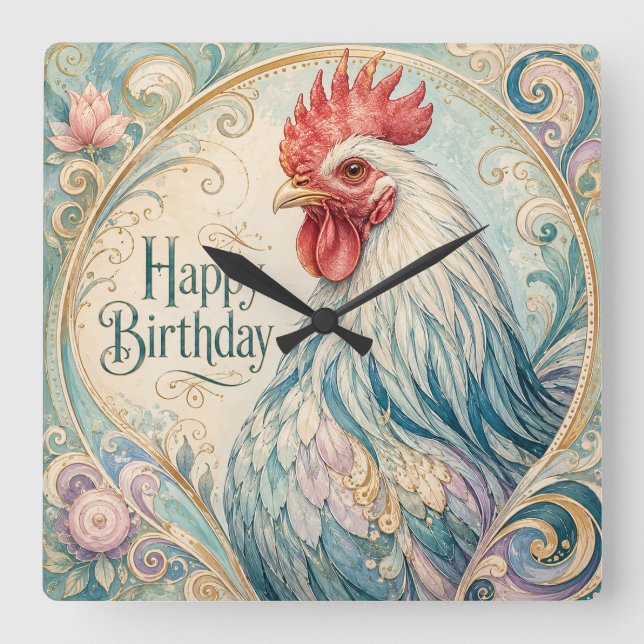 Regal Rooster Birthday Flourish Square Wall Clock (Front)