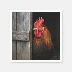 Regal Rooster Peeking Around Barn Door Napkin