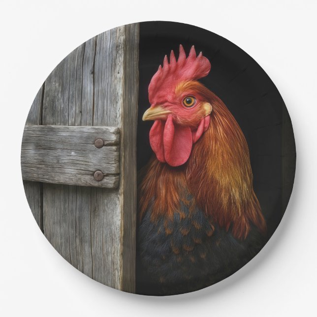 Regal Rooster Peeking Around Barn Door Paper Plate (Front)