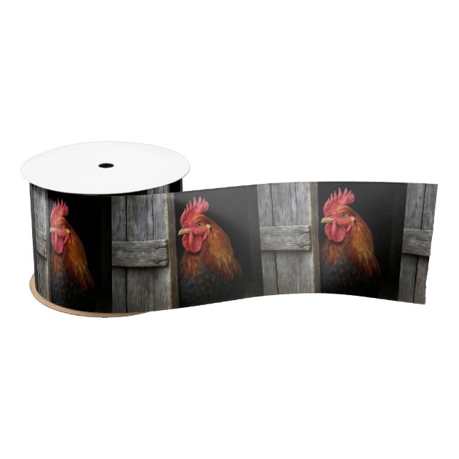 Regal Rooster Peeking Around Barn Door Satin Ribbon (Spool)