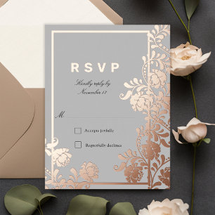 Regal Rose Gold Flowers Grey Wedding RSVP Foil Invitation Postcard