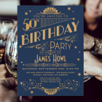 Regal Royal Blue 50th Birthday Invite, Art Deco 