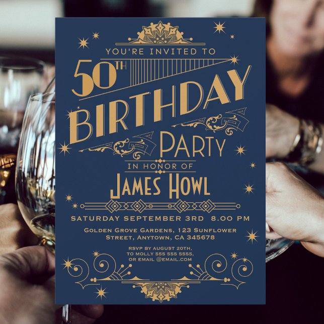 Regal Royal Blue 50th Birthday Invite, Art Deco  Save The Date (Creator Uploaded)