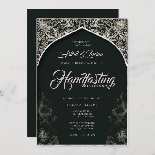 Regal Silver Flourish Hunter Green Handfasting Invitation (Front/Back)