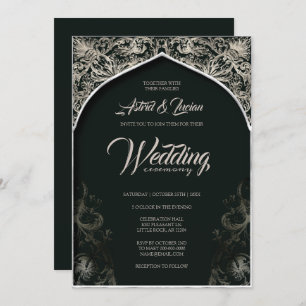 Regal Silver Flourish Hunter Green Wedding Invitation