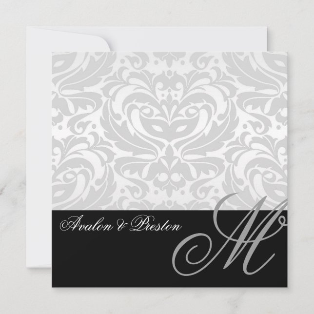 Regal Silver Monogram Damask Wedding Invitation (Front)