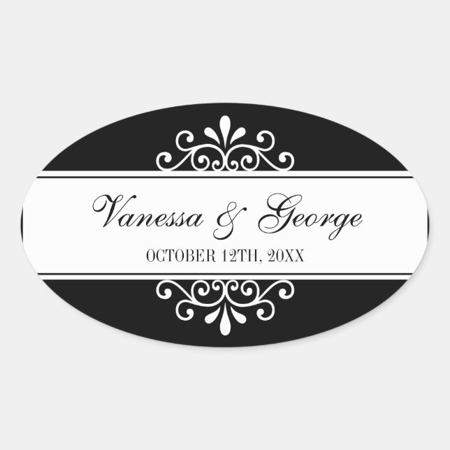 Regal swirl black oval out of town gift bag favour oval sticker (Front)