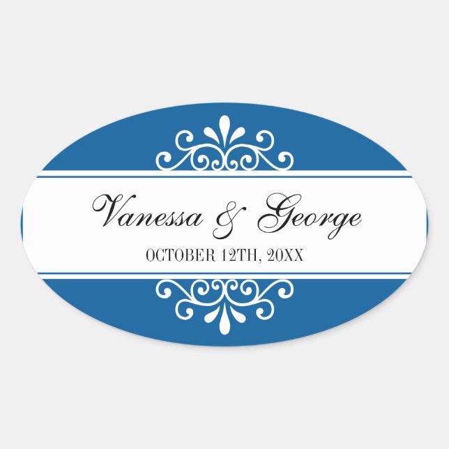 Regal swirl navy oval out of town gift bag favour oval sticker (Front)