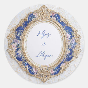 Regal Victorian Blue Gold Floral Oval Wedding Classic Round Sticker