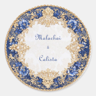 Regal Victorian Sapphire Blue Gold Baroque Wedding Classic Round Sticker