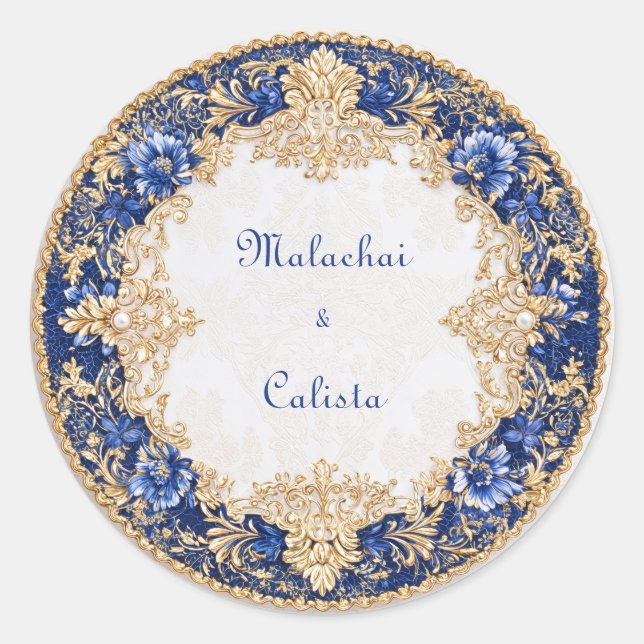 Regal Victorian Sapphire Blue Gold Baroque Wedding Classic Round Sticker (Front)