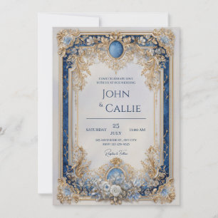 Regal Victorian Sapphire Blue Gold Baroque Wedding Invitation