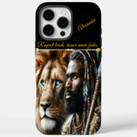 Regal warrior with lion companion.