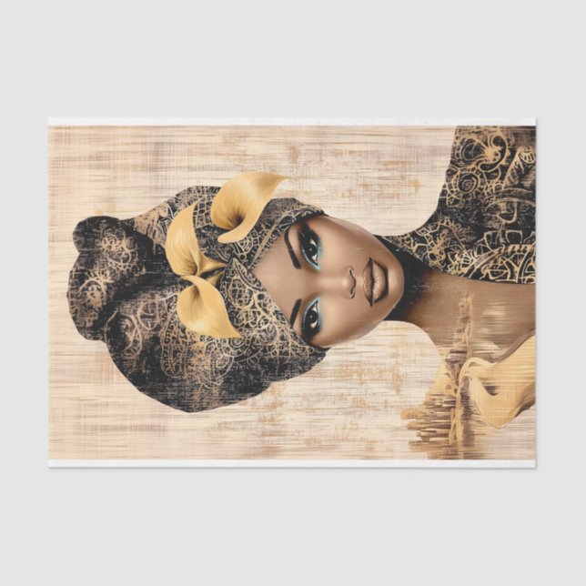 Regal Woman, Gold & Black Turban DH7R Decoupage Tissue Paper (Front)
