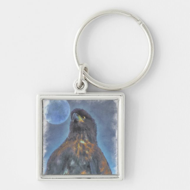 Regal Young Bald Eagle and Moon Painting Key Ring (Front)