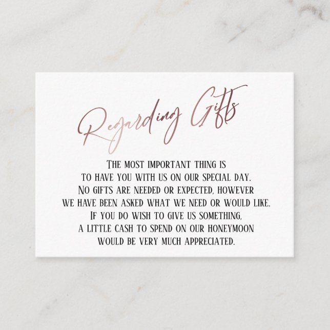 Regarding Gifts Modern Rose Gold Handwriting Enclosure Card (Front)