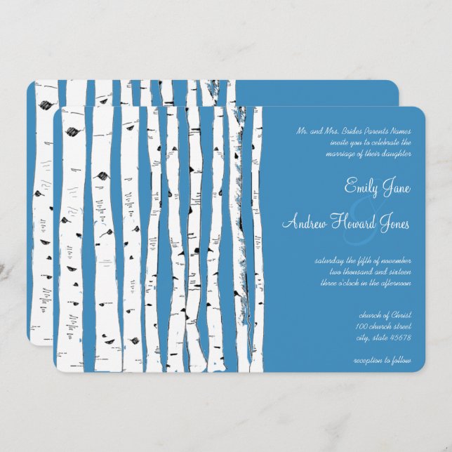 Regatta Blue Birch Tree Wedding Invitations (Front/Back)