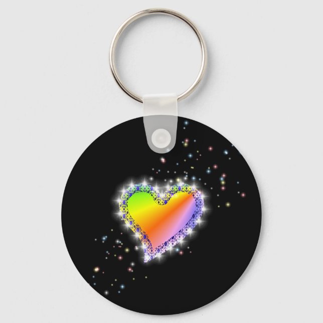 Regenbogen-Herz mit Sternchen auf schwarz Key Ring (Front)