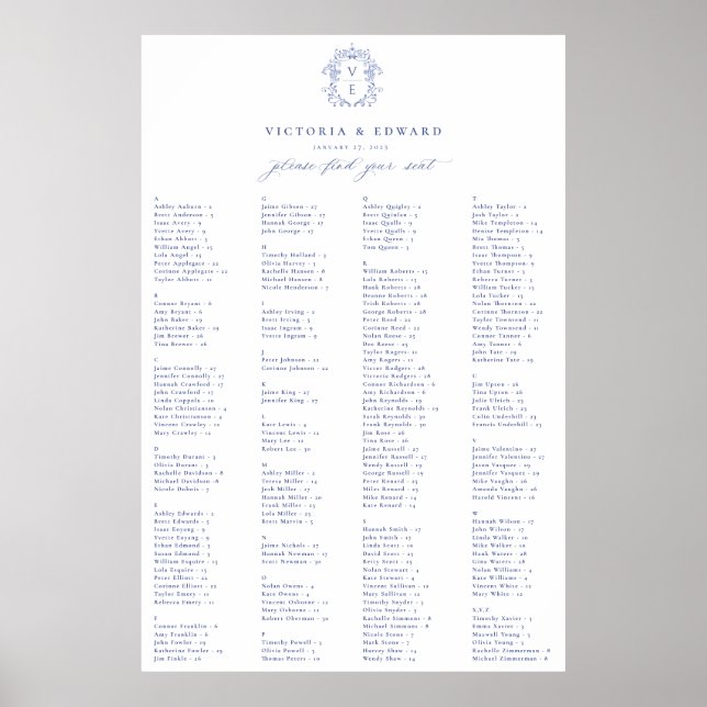 Regency Blue Crest Alphabetical Seating Plan Poster (Front)