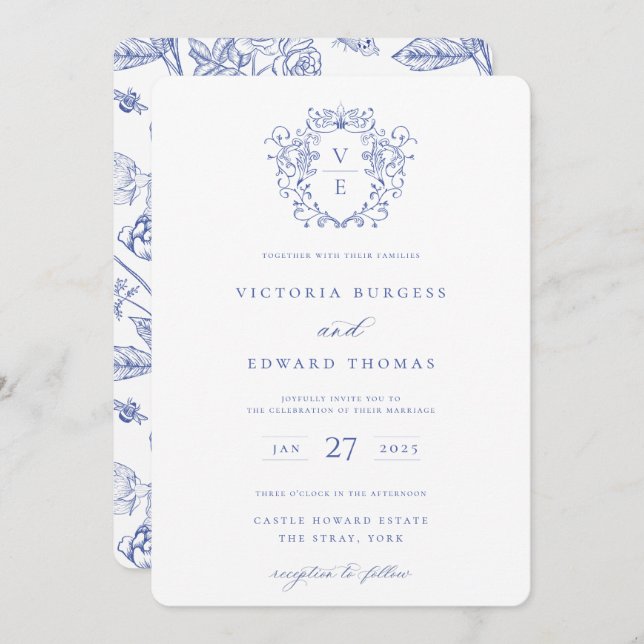Regency Blue Crest Monogram Invitation (Front/Back)