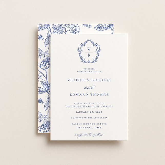 Regency Blue Crest Monogram Wedding Invitation (Creator Uploaded)