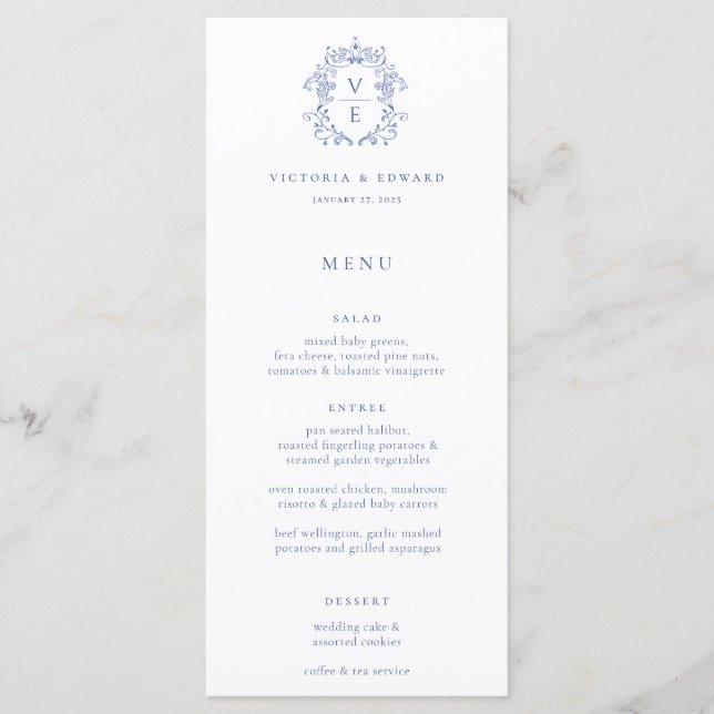 Regency Blue Crest Monogram Wedding Menu (Front)