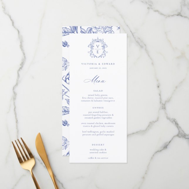 Regency Blue Crest Monogram Wedding Menu (Front/Back In Situ)