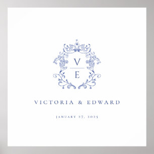 Regency Blue Crest Monogram Wedding Poster