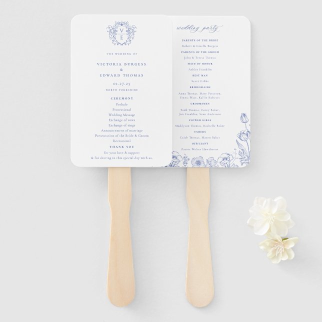 Regency Blue Crest Monogram Wedding Program Hand Fan (Front and Back)