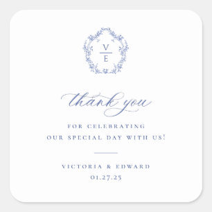 Regency Blue Crest Monogram Wedding Thank You Square Sticker