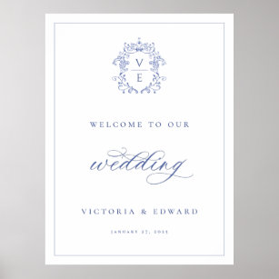 Regency Blue Crest Monogram Wedding Welcome Poster