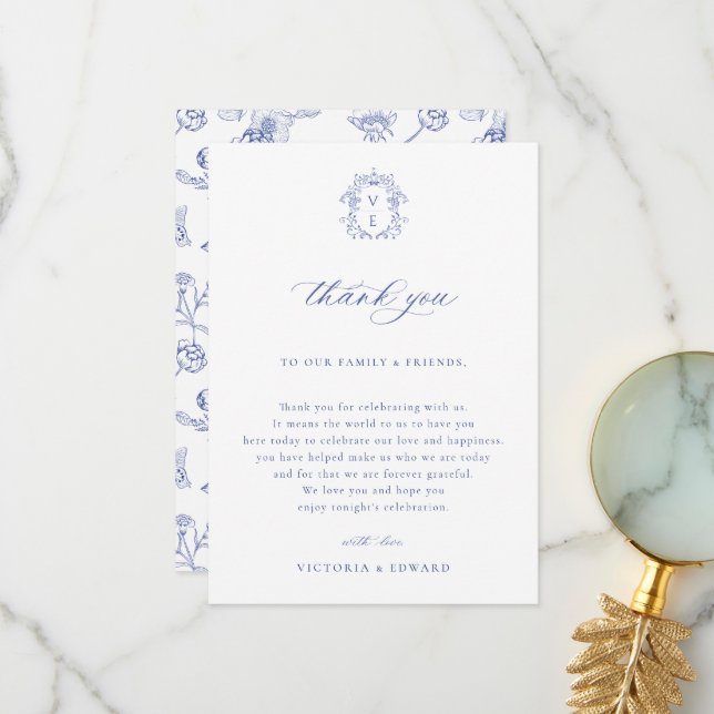 Regency Blue Crest Wedding Reception Table Thank You Card (Front/Back In Situ)