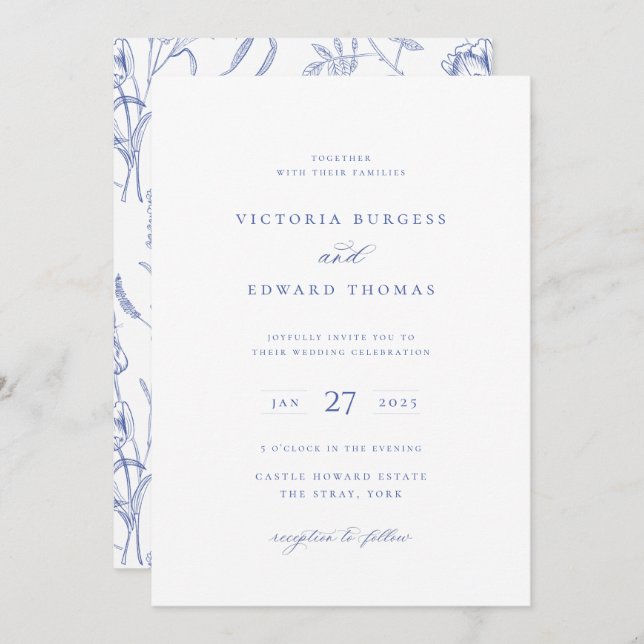 Regency Blue Floral Wedding Invitation (Front/Back)