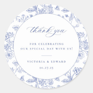 Regency Blue Floral Wedding Thank You Classic Round Sticker