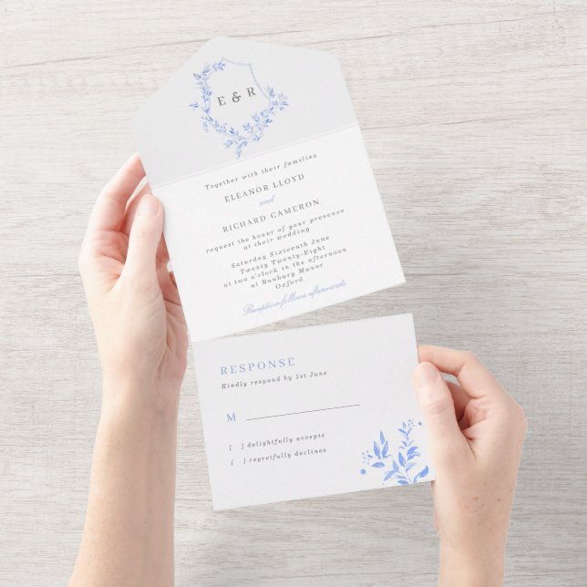 Regency Blue Leafy Monogram Crest Wedding All In One Invitation (Tearaway)
